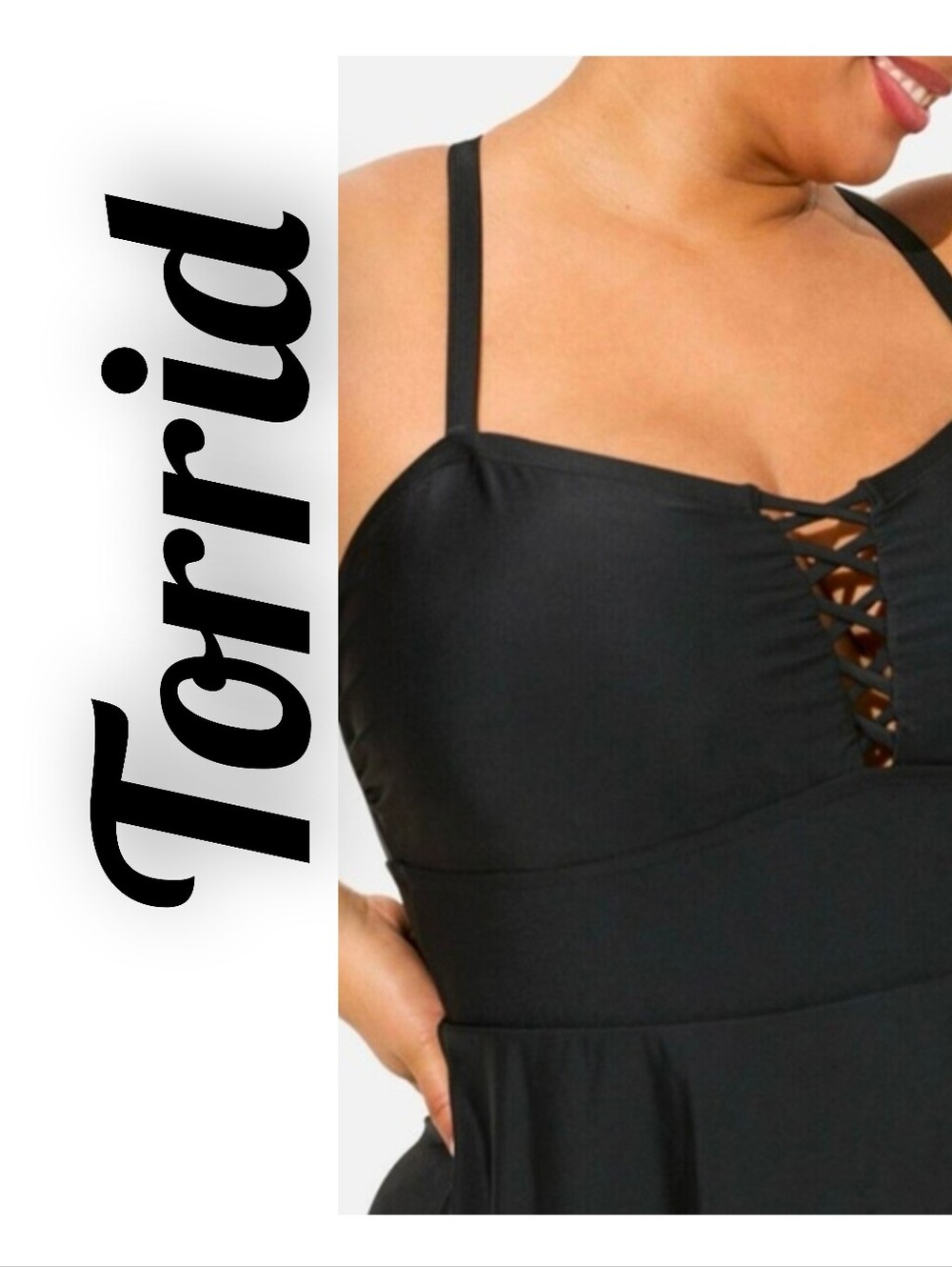Torrid Wireless Long Lattice Front Black Plus Size One-Piece Swimdress Size 4
